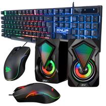 Kit Gamer Teclado Semi Mecanico Antighost, Mouse Ergonômico 7 Botões e Caixa de Som Multimidia 6W LED RGB para Pc Notebook Smartphone Console de Games