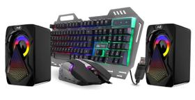 Kit Gamer Teclado Semi Mecanico, Mouse Ergonomico 6 Botões e Caixa de Som Multimidia 6W Led RGB