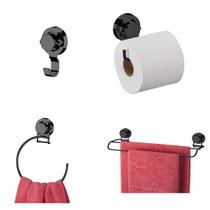 Kit Gancho + Porta Papel Higiênico + Toalheiro Argola 18Cm + Toalheiro Duplo 45Cm Ventosa Ônix Kit Gancho + Porta Papel Higiênico + Toalheiro Argola 18Cm + Toalheiro Duplo 45Cm Ventosa Ônix