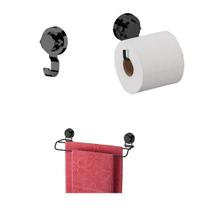 Kit Gancho + Porta Papel Higiênico + Toalheiro Duplo 45Cm Ventosa Ônix