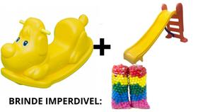 Kit gangorra cachorrinho amarelo que suporta até 50 kg + 1 escorregador médio c/3 degraus + 25 bolinhas coloridas de bri