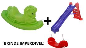 Kit gangorra cavalinho verde + 1 escorregador grande c/ 4 degraus + 1 brinde balanço prancha vermelho
