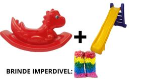 Kit gangorra dino que suporta até 50 kg de peso + 1 escorregador grande c/ 3 degraus + 20 bolinhas de brinde