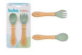 Kit Garfo e Colher Talher De Silicone E Bambu Para Criança Buba