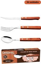 Kit Garfo Faca Colher Wood 36 unidades Faqueiro Inox Cabo De Madeira
