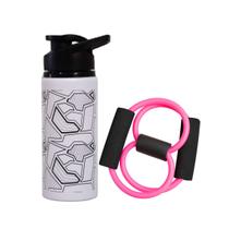 Kit Garrafa de água Alumínio 600ml Branca + Expansor Elástico Rosa