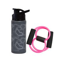 Kit Garrafa de água Alumínio 600ml Cinza + Expansor Elástico Rosa