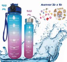 Kit Garrafa De Água Motivacional 900ml e 300ml Com Bico Canudo Alça Adesivos