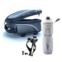 Kit garrafa de água térmica com suporte + bolsinha porta celular para bicicleta