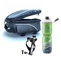 Kit garrafa de água térmica com suporte + bolsinha porta celular para bicicleta