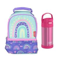 Kit Garrafa Lancheira Térmica Thermos Tokyo Rosa Arco íris
