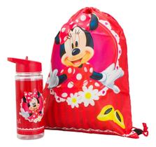 Kit Garrafa Plástico Infantil Mochila Saco Minnie Disney