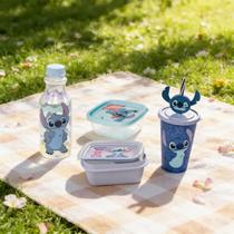 Kit Garrafa Stitch Squeeze Copo Refrí Canudo 3 Potes Conect Marmita Hermética Escola Academia Infantil Plasutil Disney
