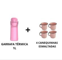 Kit Garrafa Térmica 1 Litro Rosa + 4 Canequinhas Esmaltada Rosa Bebe