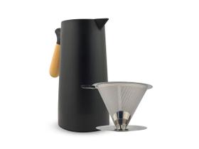 Kit Garrafa Térmica 1L Litro Com Cabo de Madeira + Coador Filtro de Café Reutilizável Inox Ecológico