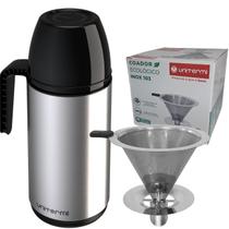 Kit Garrafa térmica 1Litro Inox Roma Coador de Inox Tamanho 103 Filtro de café Permanente Unitermi Kit Garrafa térmica 1Litro Inox Roma Coador de Inox Tamanho 103 Filtro de café Permanente Unitermi