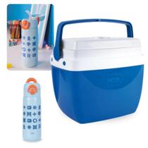Kit Garrafa Termica 480ml Azul Inox Alca e Canudo + Caixa Termica 12 Litros Azul Mor