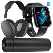 Kit Garrafa térmica 500ml inox sensor Led + Smartwatch Y8 + Fone Bluetooth