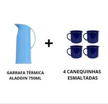 Kit Garrafa Térmica Aladdin e 4 Canequinhas Esmaltadas - Azul Kit Garrafa Térmica Aladdin e 4 Canequinhas Esmaltadas - Azul