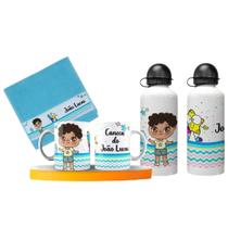 Kit Garrafinha de Água Infantil + Caneca de Plástico Toalhinha Squezze volta às aulas Com Nome