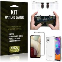 Kit Gatilho Gamer Galaxy A12 Gatilho + Capa Anti Impacto + Película Vidro 3D - Armyshield