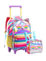 Kit Gatinha Arco Íris Mochila Rodas Costas + Lancheira