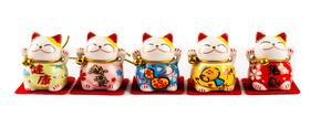 Kit Gato da Sorte Oriental Maneki Neko Cerâmica - 5 cores