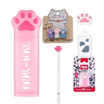 Kit Gato Estojo + Caneta + Apontador + Fita Corretiva + Ponteira Patinha Divertido Fofura Personagem
