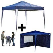 Kit Gazebo Tenda Azul Praia/Campo Base E Topo 3M X 3M Altura 2,50M Dobrável + 2 Paredes Em Oxford Ma