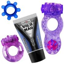 Kit Gel Lubrificante Masculino Volumão e 3 Anéis Penianos com Vibração Estimulantes Sex Shop