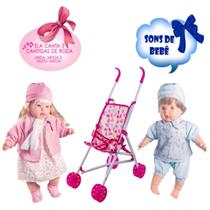 Kit Gemeos Bonecas que Fala Joao Pedro e Rose com Carrinho