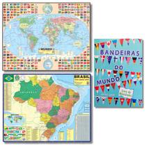 Kit Geográfico - Mapa Mundi + Mapa do Brasil + Bandeiras do Mundo - Livro de Atividades- Educativos