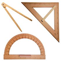 Kit Geométrico do Professor Com 1 Transferidor Em MDF 180 Graus + 1 Compasso Para Giz 40 cm + 1 Esquadro Em MDF 45 Graus