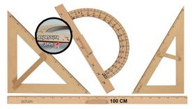 Kit Geométrico do Professor Mdf Com Régua 1 Metro, Esquadro 30/60 Graus, 1 Esquadro 45 Graus e Transferidor 180 Graus