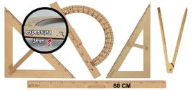 Kit Geométrico do Professor Mdf Com Régua 60 cm, 1 Compasso Para Giz 1 Esquadro 30 Graus 1 Esquadro 45 Graus e Transferidor 180 Graus