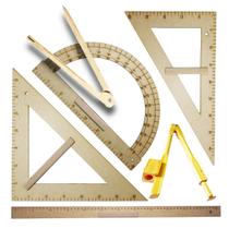 Kit Geométrico do Professor Mdf Com Régua 60 cm + Compasso Para Quadro Branco + Compasso Para Giz + Esquadro 30/60 + Esquadro 45 + Transferidor 180