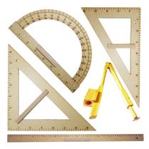 Kit Geométrico do Professor Mdf Com Régua 60 cm + Compasso Para Quadro Branco + Esquadro 30/60 + Esquadro 45 + Transferidor 180 SOUZA