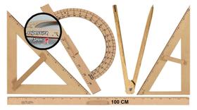 Kit Geométrico do Professor Mdf Com Régua Com Régua 1 Metro, Compasso Para Giz 40 cm, Esquadro 30/60 Graus, Esquadro 45 Graus e Transferidor 180 Graus