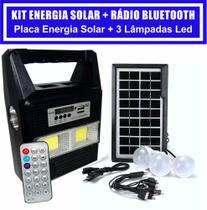 Kit Gerador de Energia Solar Rádio FM USB Bluetooth Placa Solar 3 Lampadas Led Lanterna Pescaria -