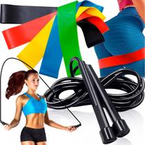 Kit Ginástica Corda De Pular Funcional + 5 Faixas Elástica Mini Band Treino Academia Fisioterapia em Casa