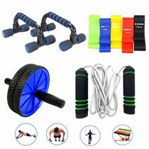 Kit Ginastica Faixa Elástica + Barra Chão flexão + Corda + Roda Abdominal Exercício