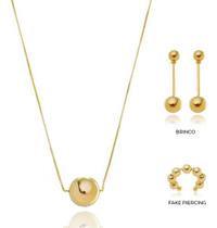 Kit Giovanna - Colar Bola Lisa G + Brinco Haste + Fake Piercing Ouro 18k