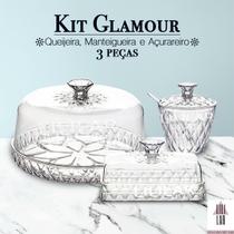 Kit Glamour 3 peças Queijeira Mantegueira Açucareiro Linha Cristal - PLASUTIL