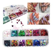 Kit Glitter Coração Unhas Holográfica Forma 3d Brilhante
