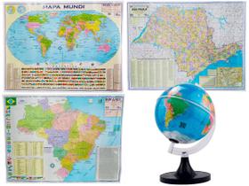 Kit Globo 21cm C/ LED + Mapas Brasil Mundi e SP Grande 120x90cm Profissional Decorativo Escolar