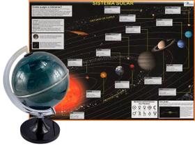 Kit Globo Cielo 21CM Com Led Branco Base Preta Libreria Bivolt + Mapa Sistema Solar