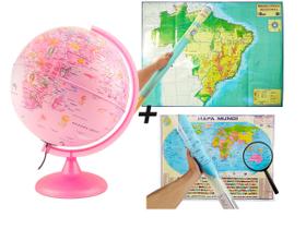KIT Globo Pinkzoo LED com Figuras de Animais Mapa Brasil Físico Mapa Mundi Físico Lupa75mm