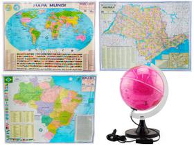 Kit Globo Rosa 21cm C/ LED + Mapas Brasil Mundi e SP Grande 120x90cm Profissional Decorativo Escolar
