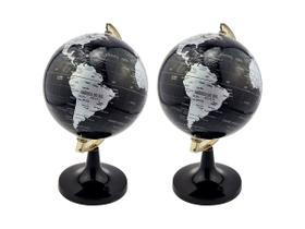 KIT Globo Terrestre 14cm Giratório Mapa Mundi em Português Escolar Base Preta Removível
