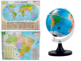 Kit Globo Terrestre 21cm C/ LED Profissional + Mapa Mundi + Mapa do Brasil 120x90cm Atualizado Escolar